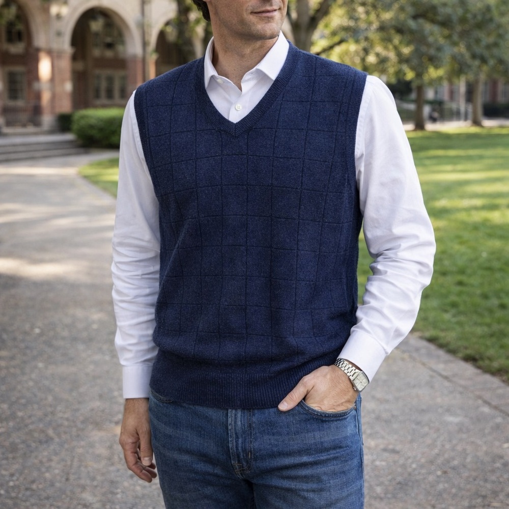 John Ashford Navy Blue V Neck Sweater Vest Textured Knit Made Italy